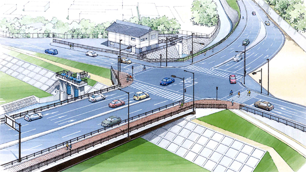 「坂越大橋」の東詰交差点イメージ図。右上が高取峠