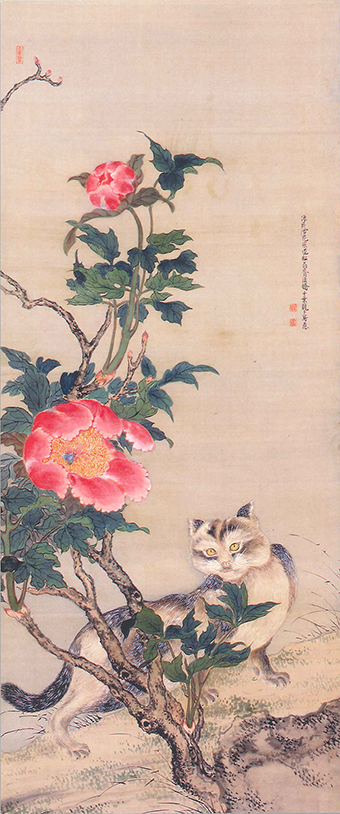 「牡丹に猫図」（３幅対のうち）千葉龍卜筆（神戸市立博物館蔵）