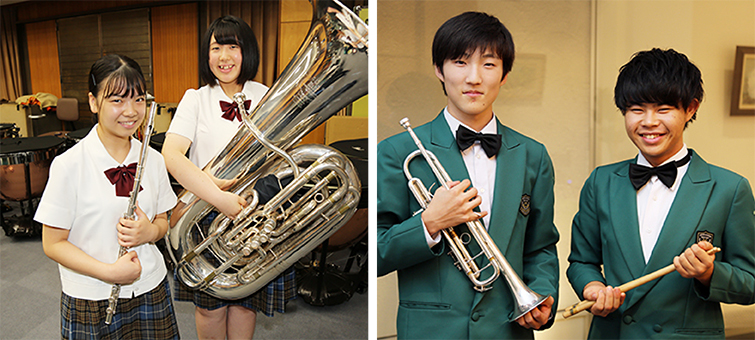 写真左は岡山学芸館の山本さん(左)と林さん。同右は明誠学院の正木君(左)と金碇君）