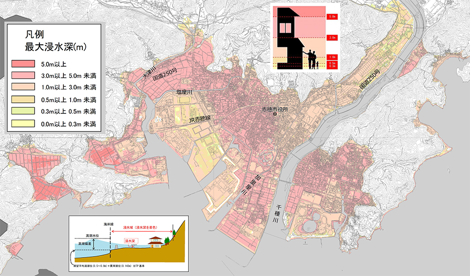 最大規模を想定して兵庫県が公表した高潮浸水想定区域図の赤穂市エリア（部分）※県公表資料より作成