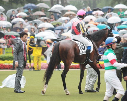 パドックから本馬場へアンライバルド号を送り出す友道康夫調教師(左)