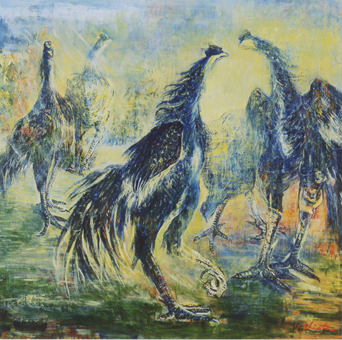 展示作品の一つ「闘鶏(集う)」