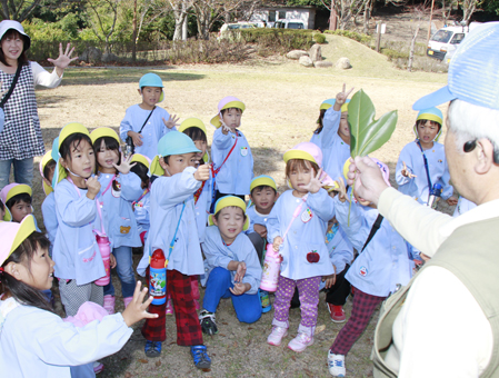 里山遊びを楽しむ坂越幼の園児たち