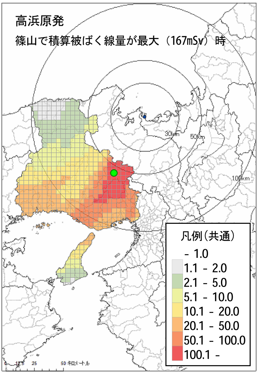 兵庫県が発表した放射性物質拡散シミュレーション結果。高浜原発から福島第一原発並みの放射性物質が放出された場合、赤穂市では7日間で1歳児の甲状腺被ばく線量が最大「20〜50ミリシーベルト」と推計された