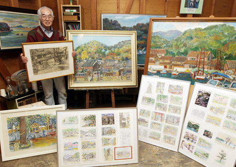 郷土の風景画をテーマに絵画展を開いている鳥井廣夫さん=アトリエで撮影