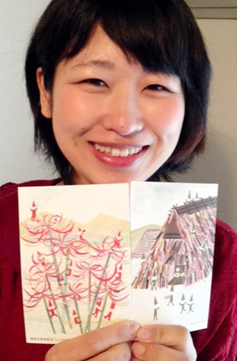有年地区の風景をモチーフにしたオリジナル絵葉書と作者の木波本陽子さん