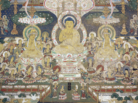 市有形文化財に指定された「当麻曼荼羅図」(16世紀後半〜17世紀前半、部分)=市教委提供