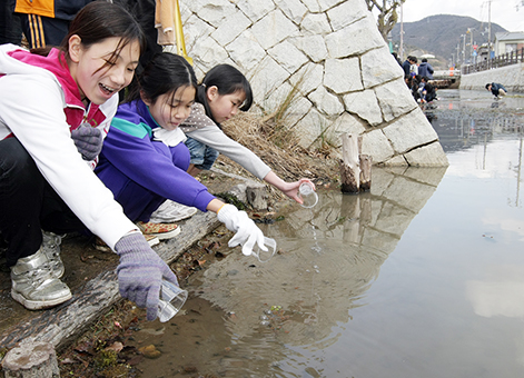 卒業記念の清掃活動の後、ホタルの幼虫を放流した赤穂小6年生