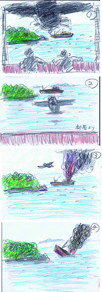 せりあ丸が空襲を受けて沈没したときの光景を描いた鳥井廣夫さんのスケッチ