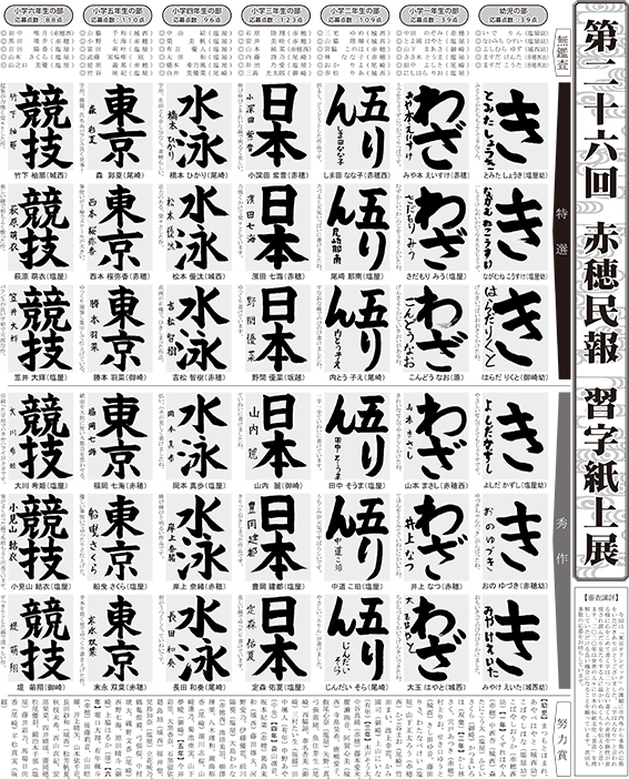 第26回赤穂民報習字紙上展の入賞者