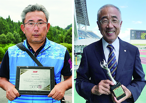 日本陸連の高校優秀指導者章を受章した奥道利浩さん=写真左=と近畿陸協の春日章を贈られた西脇泰司さん=福本貴司さん提供