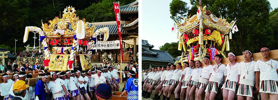 絢爛勇壮な練りを奉納した塩屋東(右)と塩屋西の大屋台