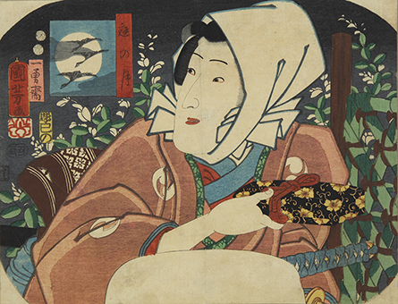 関達也氏から寄贈された忠臣蔵浮世絵の一つ「歌川国芳 団扇絵『庭の月(七段目大星力弥)』