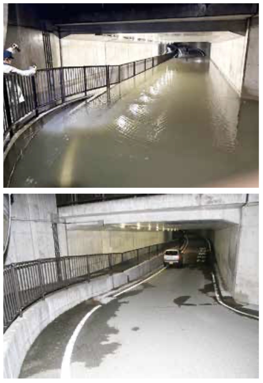 写真上は大雨で冠水した平田地下道=9月14日午後8時ごろ、読者提供。同下は平常時の状況
